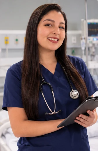 Poliana Guedes com uniforme azul e prancheta